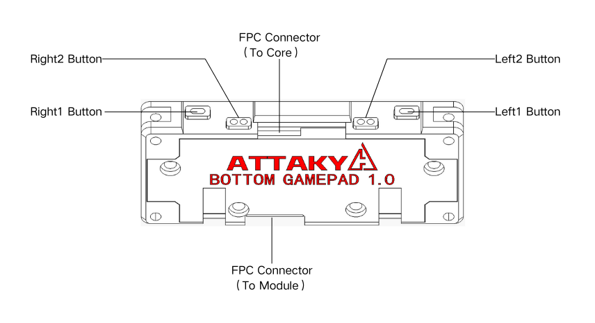 Back, angled — the L1/L2 and R1/R2 top shoulder buttons and front shoulder buttons, plus the UP and DOWN FPC connectors