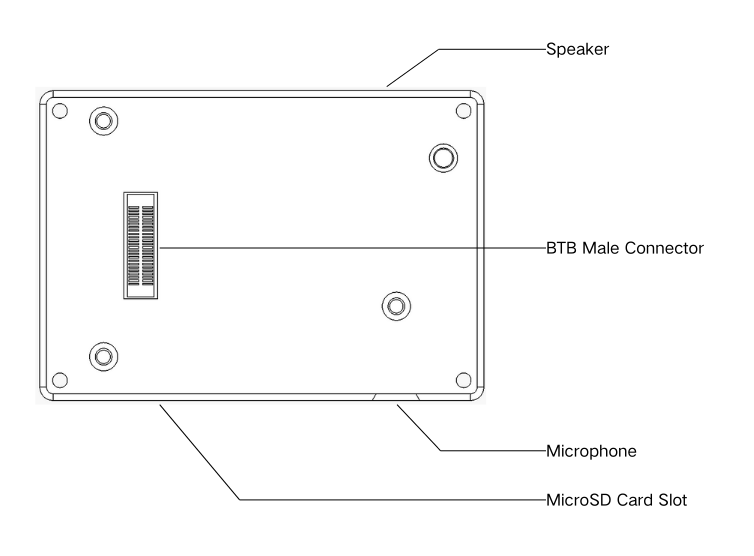 Back — speaker, BTB male connector, microphone, and microSD card slot labelled