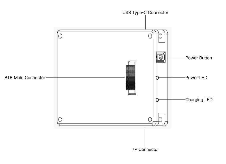 Angled — slim body showing the BTB male connector, USB-C port, power button, and indicator LEDs on the side edge